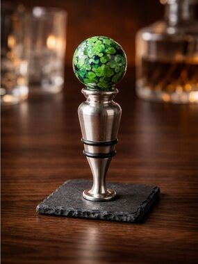 NIB - Silver Wine Bottle Stopper with Green ceramic ball